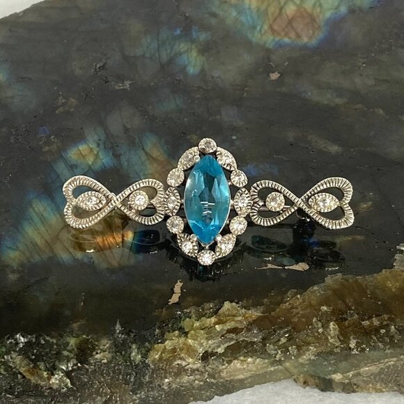 Sterling Silver 925 CJ Marquise Swiss Blue Topaz Cubic Zirconia Heart Bar Brooch - Picture 12 of 16